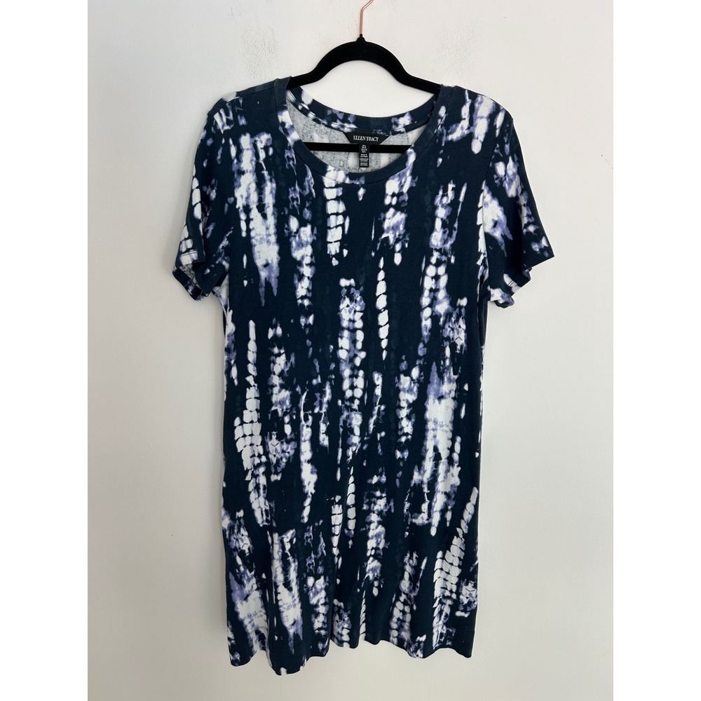 Ellen Tracy Mood Indigo Tie Dye Pima Cotton T-Shirt Dress Pockets Womens Large